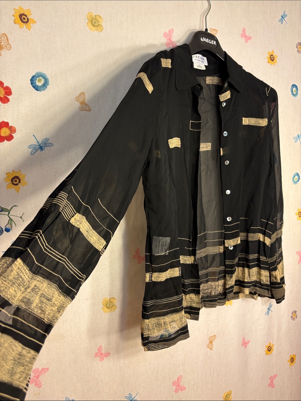 Vintage Jaeger - Black Sheer Button-Down Shirt with Brushstroke Detail - Picture 3 of 7